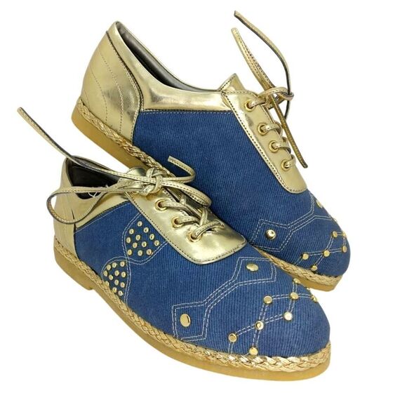 Wanted Designer Studded Women's Pre-owned Blue and Gold Sneakers- sz. 6 1/2 Wow! - Picture 1 of 6